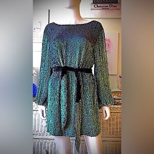 Retrofete sequin mini dress with sash & puff sleeves in dark green color size XS